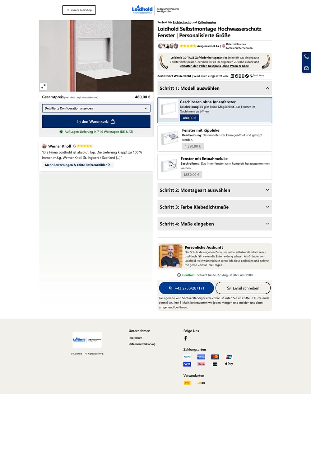 Detailseite: Dammbalkensystem mit Komponenten und CTA